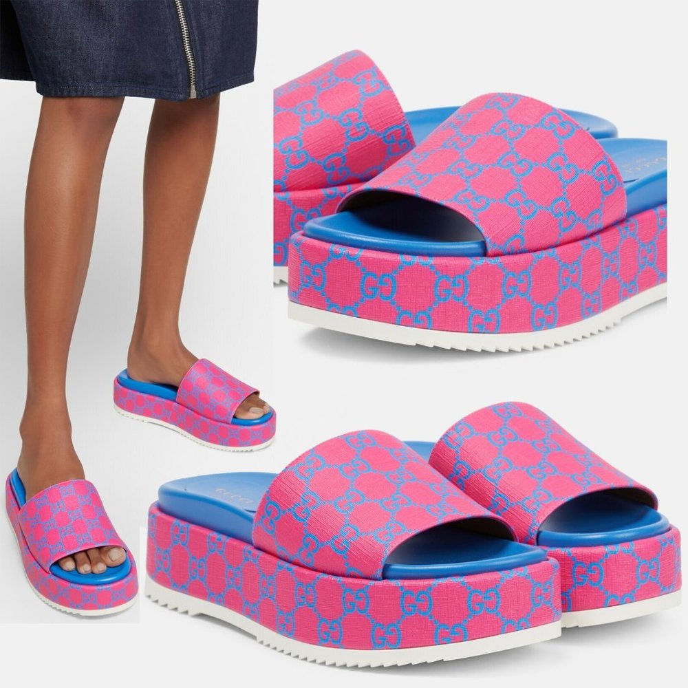 GUCCI SHOES GG SUPREME CANVAS JOY FUCHSIA PLATFORM SLIDE